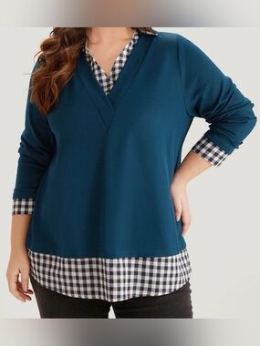 BloomChic Teal V-Neck Layered Look Tunic length w/Gingham Trim size 1X (14-16)